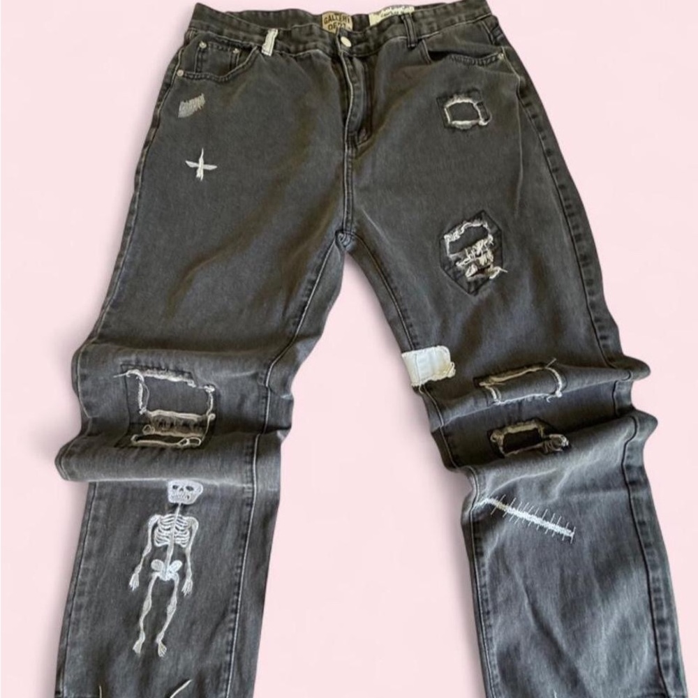 Gallery Dept Black Distressed Jeans with White Skeleton Graphic